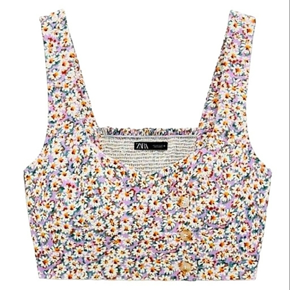 Zara Linen Blend Ditsy Floral Smocked Back Button Front Crop Top S Purple White - Picture 15 of 16